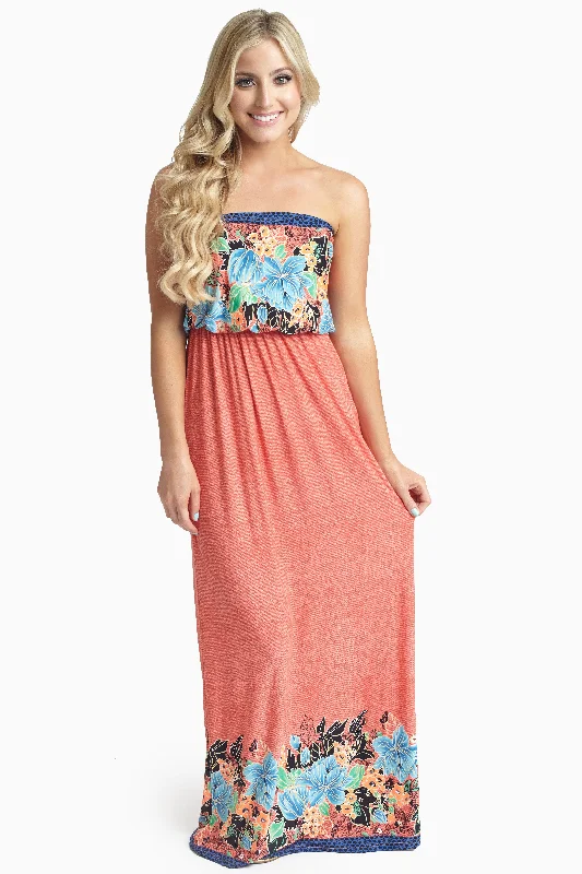 Coral Tropic Floral Strapless Maxi Dress Casual Maxi Dress with Pockets