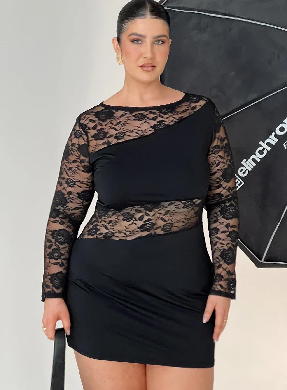Covington Long Sleeve Mini Dress Black Curve Trendy Lace Mini Dress
