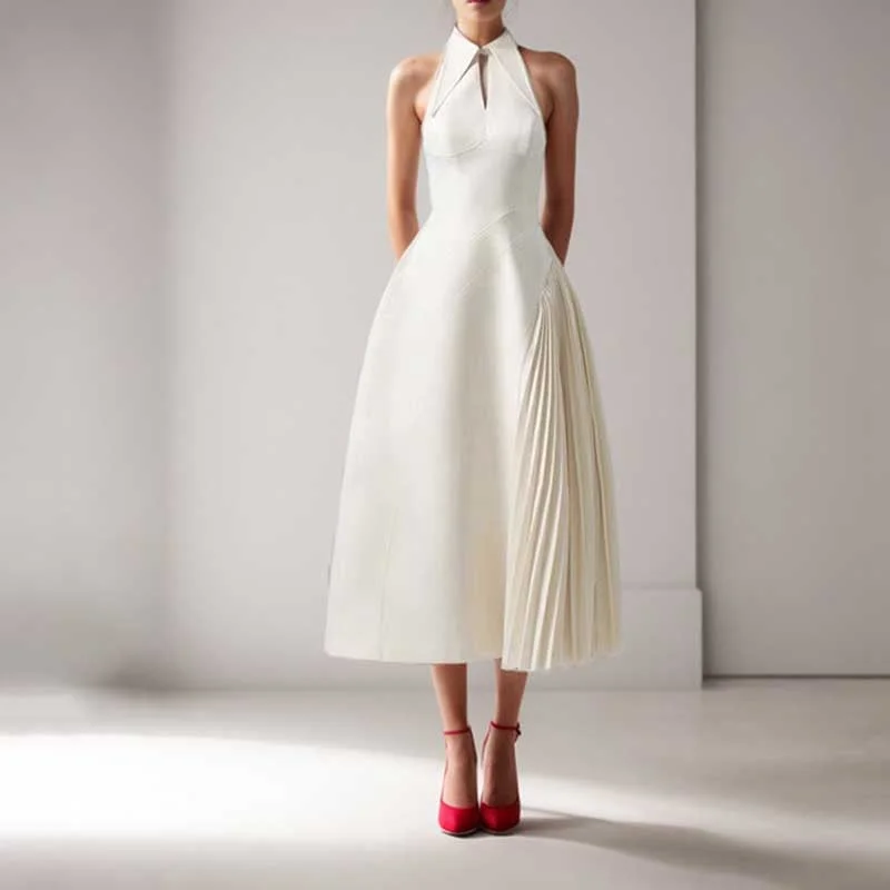 Sleeveless Cream Ruched Midi Dress Elegant Pleated Sleeve Midi Dress