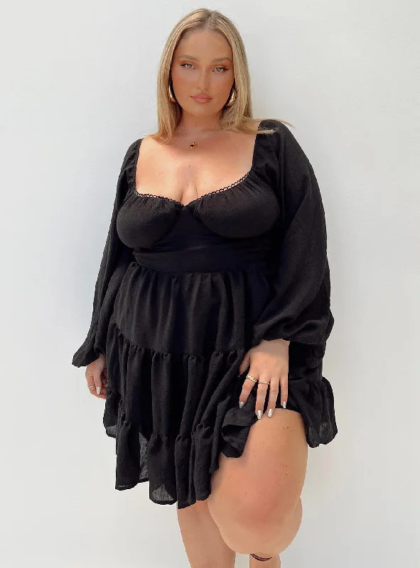 Danny Long Sleeve Mini Dress Black Curve Cozy Satin Mini Dress
