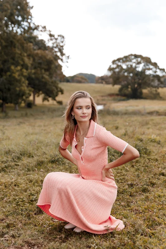 Diana Midi Dress - Coral Elegant Floral Skirt Midi Dress