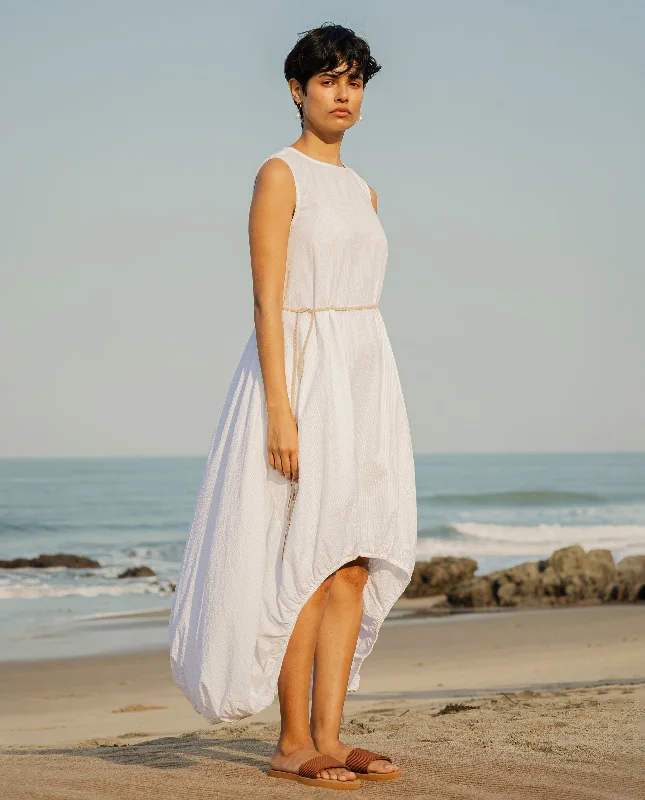 Rareism Women Divan Light White Cotton Fabric Zip Closure Round Neck Sleeveless Relaxed Fit Plain Midi Dress Comfortable Fit-and-Flare Midi Dress