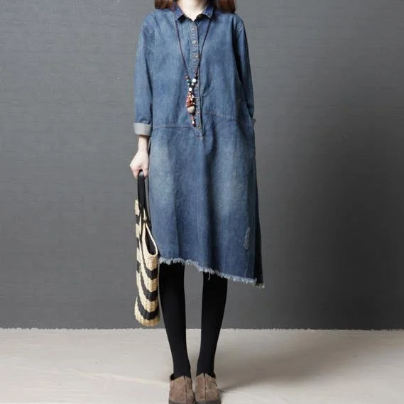 DIY asymmetric hem Cotton Tunics Sweets Tutorials denim blue Midi Dress spring