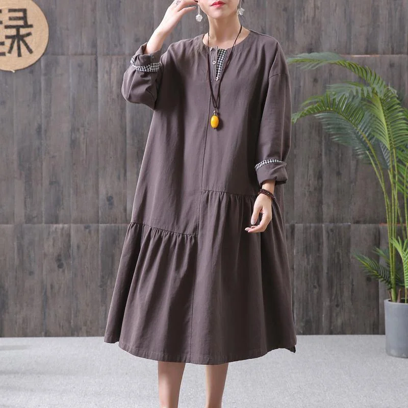 DIY Cotton Chocolate Quilting Clothes Stitches Women Pleated Spliced Spring Casual Loose Midi Dress