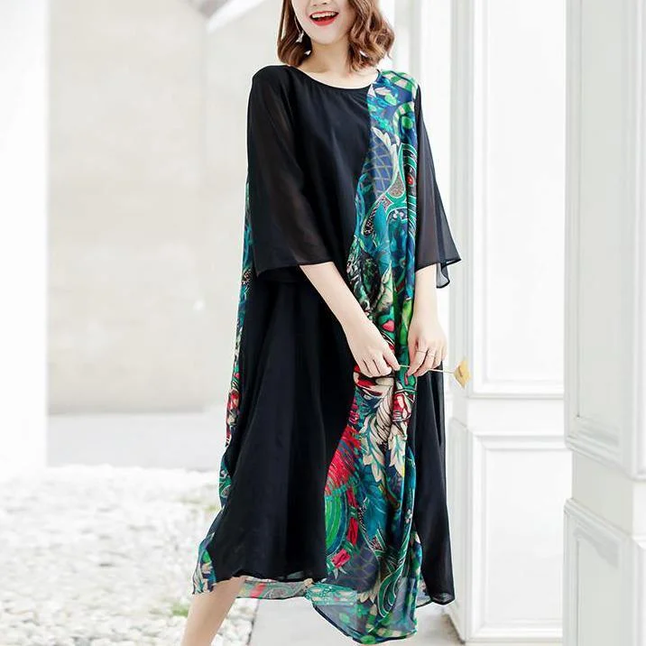 DIY Cotton dresses Casual Spliced Printing Spring Loose Vintage Midi Dress