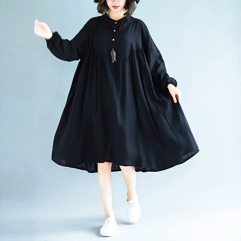 DIY stand collar exra large hem linen dresses Indian Catwalk black Midi Dresses