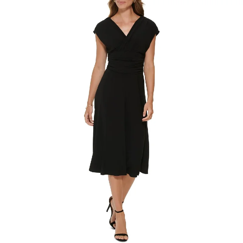 DKNY Womens Ruched V-Neck Midi Dress