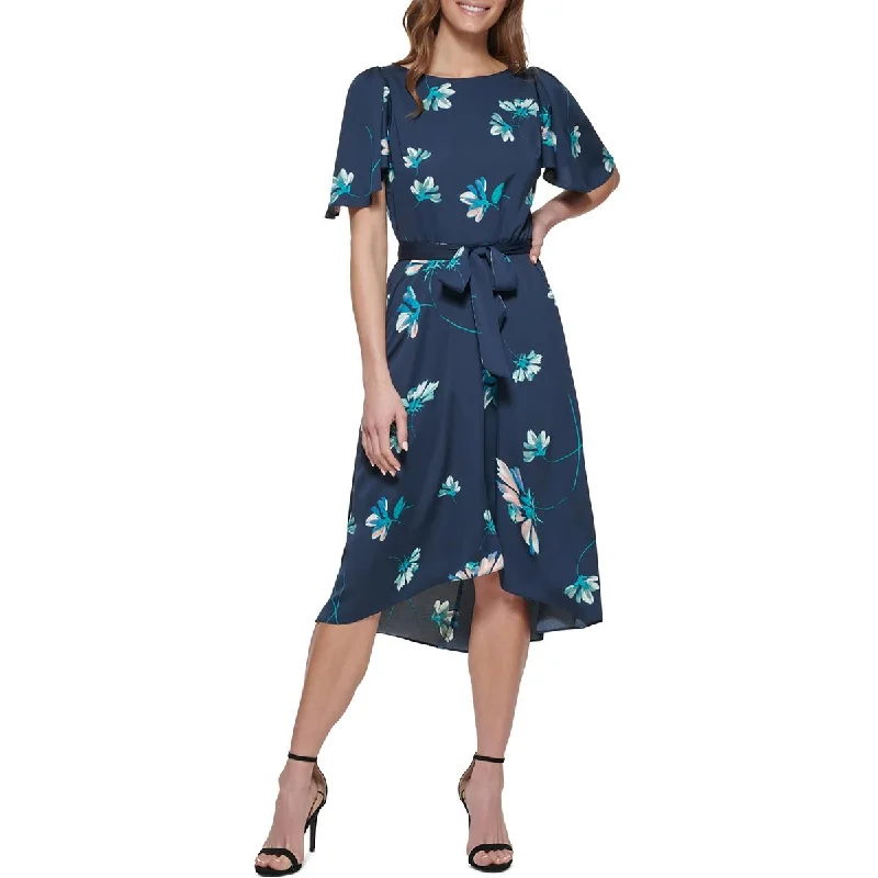 DKNY Womens Satin Floral Midi Dress