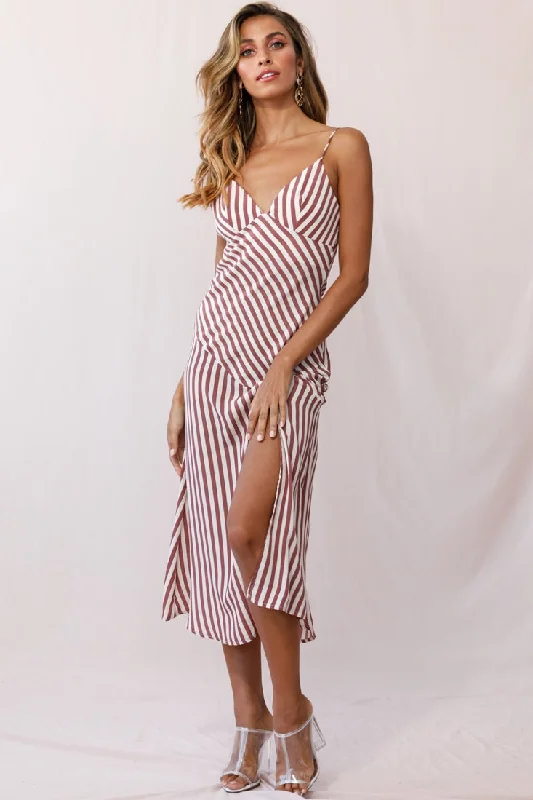 Downtown Cami Strap Front Split Midi Dress Stripe Print Rose Trendy Ruched Side Midi Dress
