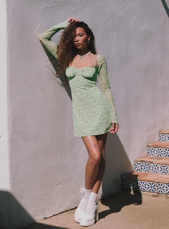 Dyer Sheer Sleeve Mini Dress Green Floral Casual High-Waist Mini Dress