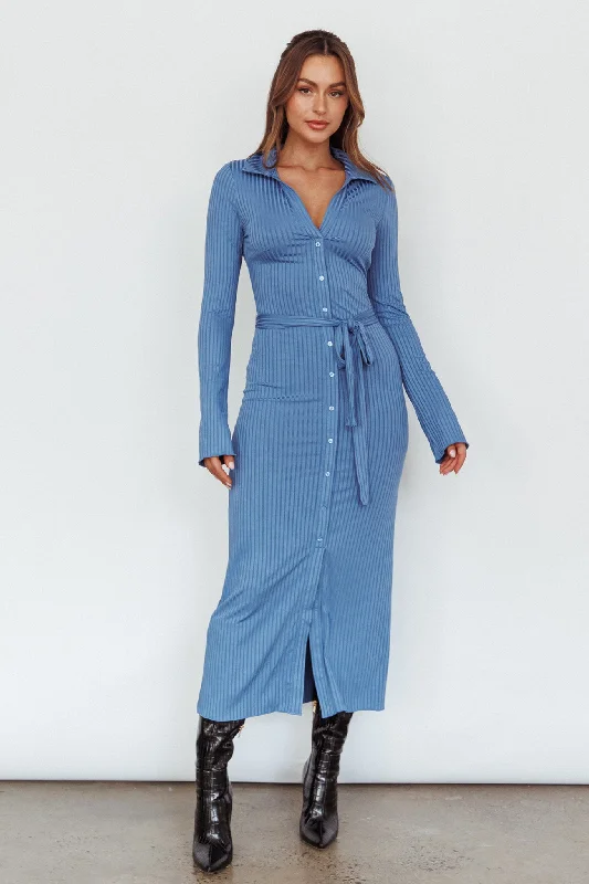 Eastcoast Collared Placket Midi Dress Blue Elegant Faux Wrap Midi Dress