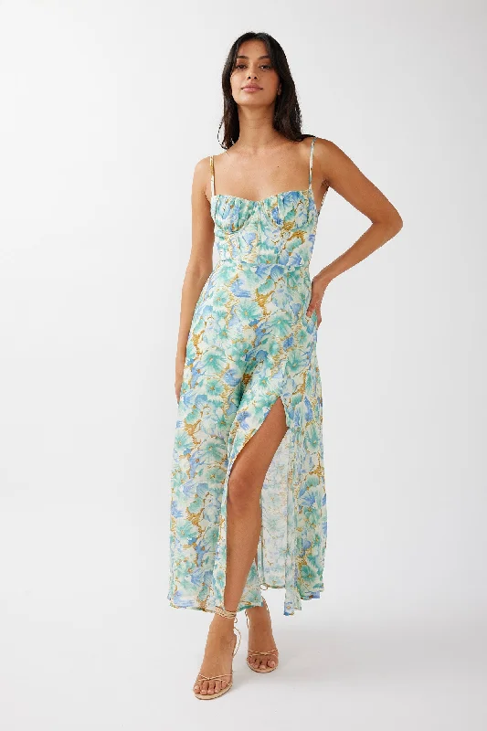 Echoes Tied Back A-Line Midi Dress Floral Green Trendy Smocked Detail Midi Dress