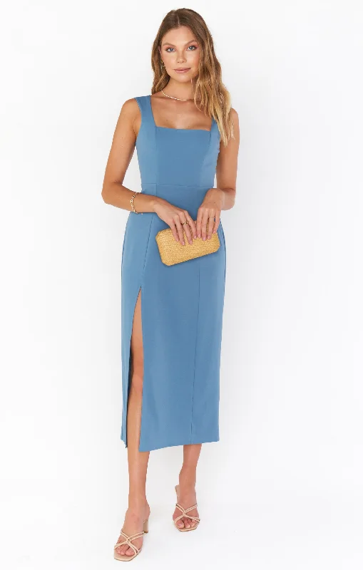 Eden Midi Dress ~ French Blue Stretch Fashionable Shift Midi Dress