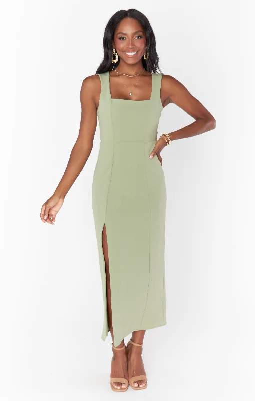 Eden Midi Dress ~ Moss Green Stretch Stylish Color Block Midi Dress