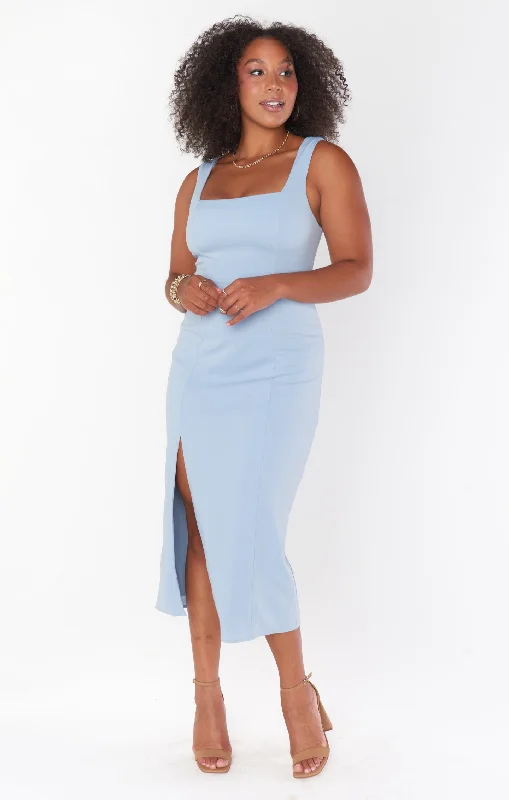 Eden Midi Dress ~ Steel Blue Stretch Fashionable Casual Midi Dress