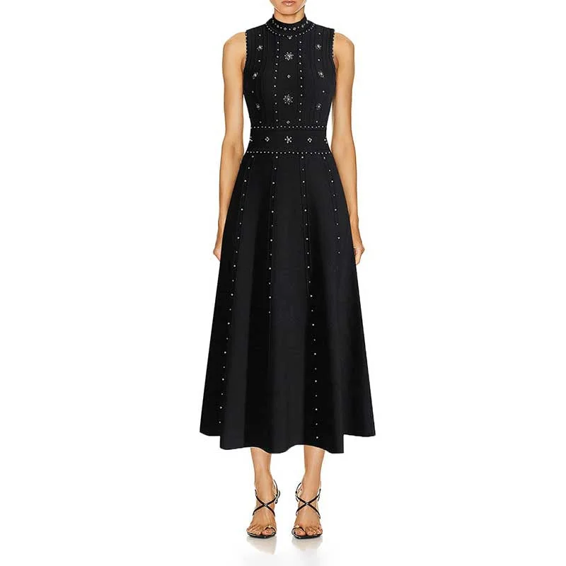 Elegant Crew Neck Sleeveless Beaded Midi Dress Black Knitted Dress Comfortable Stretch Midi Dress