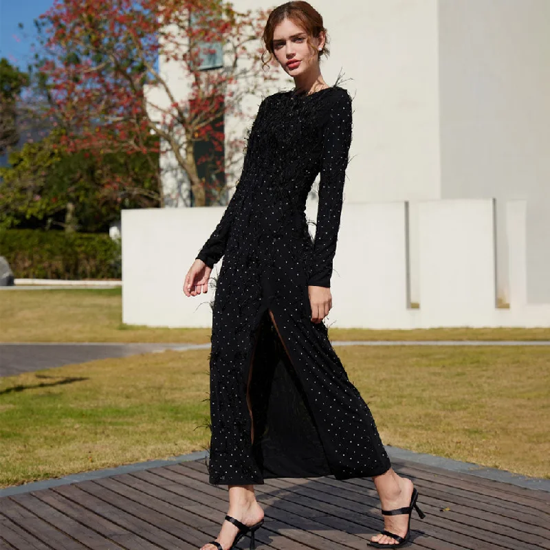 Elegant Faux Feather Rhinestone Mesh Long Sleeve High Split Evening Maxi Dress Comfortable Long-Sleeve Maxi Dress Elegant Faux Feather Rhinestone Mesh Long Sleeve High Split Evening Maxi Dress Comfortable Long-Sleeve Maxi Dress