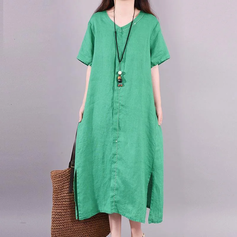 Elegant linen clothes Korea Solid Color Split Hem Casual Midi Dress