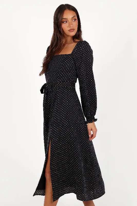 Ettie Long Sleeve Midi Dress - Black Polka Dot Stylish Color Block Midi Dress