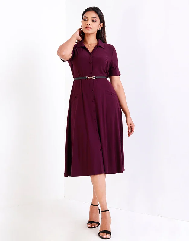 Flared Midi Dress with Shirt Collar Cozy A-Line Midi Dress