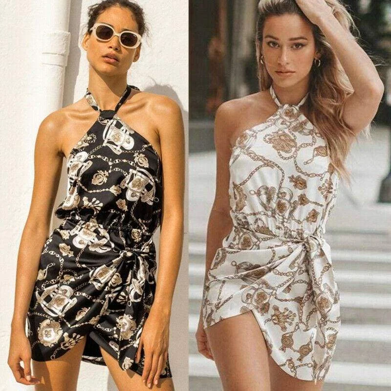 FashionSierra - Floral Backless Mini Dress Women Ladies Sleeveless High Waist Evening Party Summer Dress Fashion Slit Print Dress Sundress Fashionable Party Mini Dress