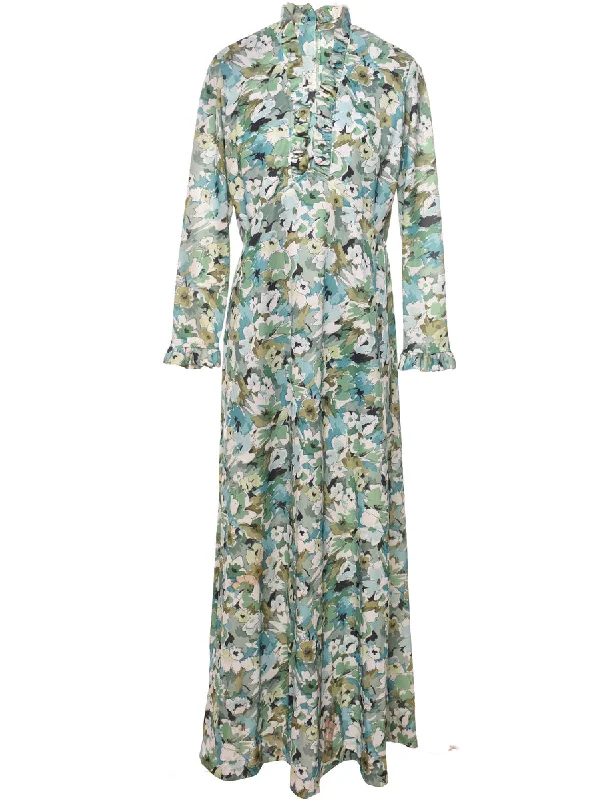 Floral Print Green & White 1970s Maxi Dress - M Stylish Off-Shoulder Maxi Dress