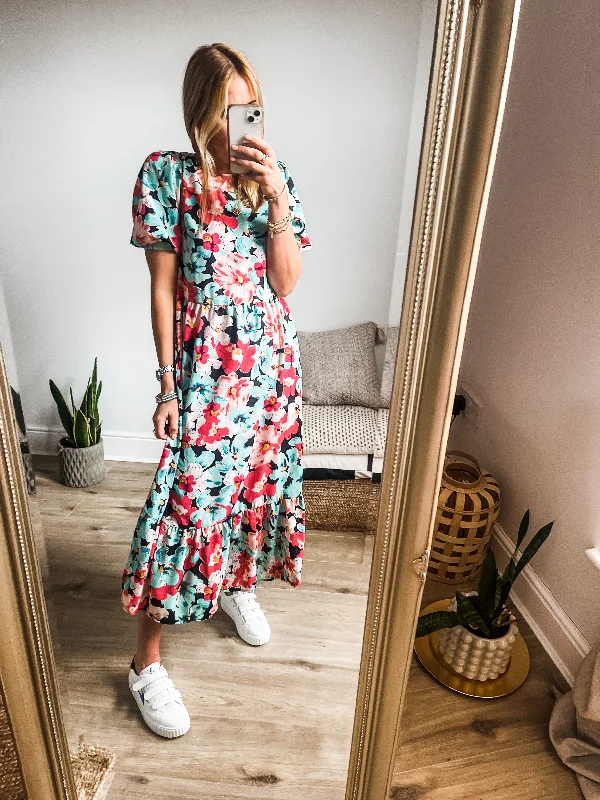 Floral Puff Sleeve Midi Dress Stylish Tiered Midi Dress