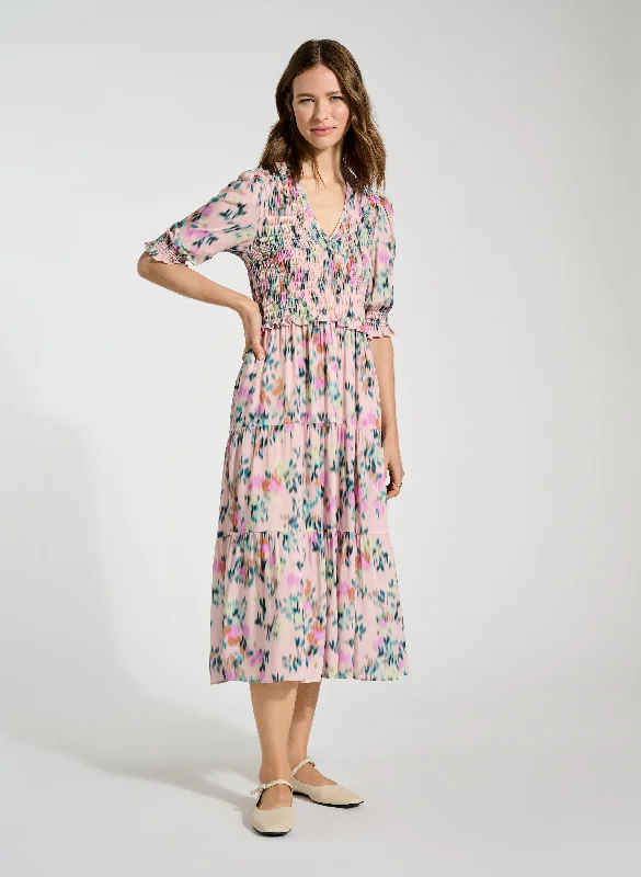 Florence Smocked Cuff Midi Dress Elegant Faux Wrap Midi Dress