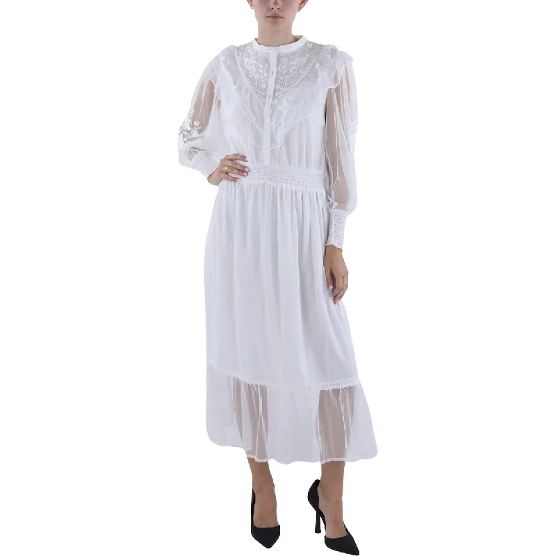 French Connection Womens Embroidered Tea Length Midi Dress