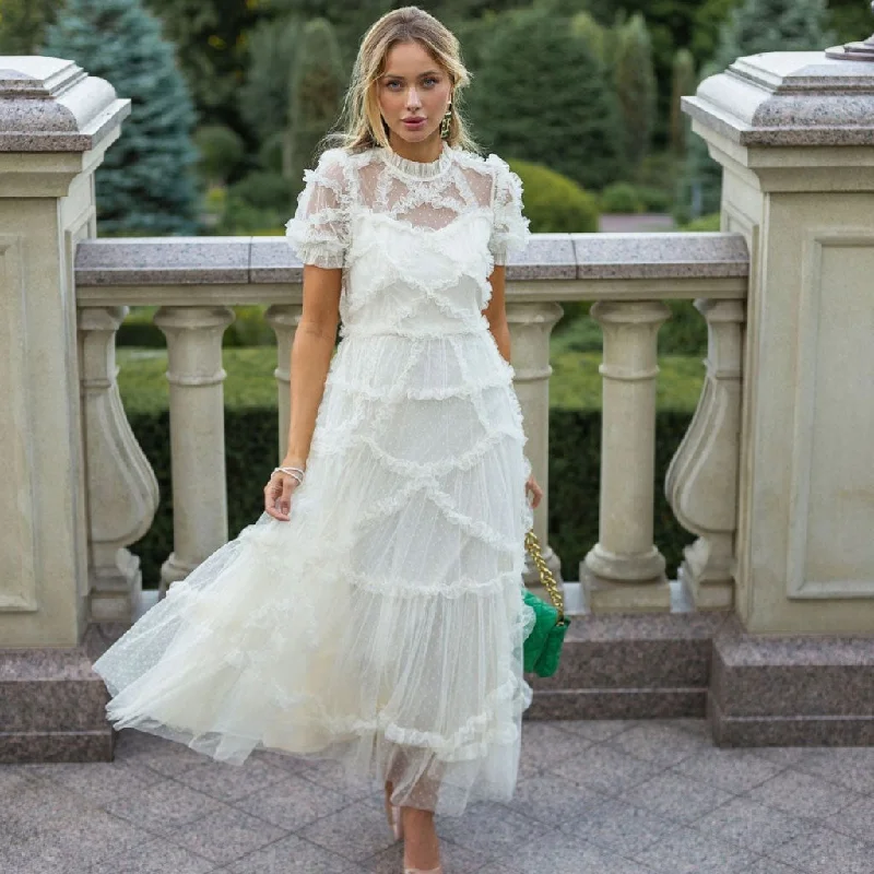 French Style Frill Neck Short Sleeve A Line Dotted Ruffle Tulle Tiered Maxi Dress Trendy Printed Maxi Dress French Style Frill Neck Short Sleeve A Line Dotted Ruffle Tulle Tiered Maxi Dress Trendy Printed Maxi Dress
