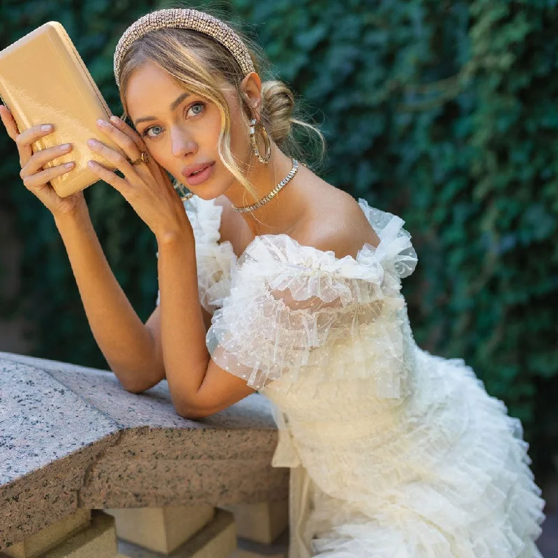French Style Ruffle Off The Shoulder Short Sleeve Dotted Tulle Tiered Maxi Dress Fashionable High-Low Maxi Dress French Style Ruffle Off The Shoulder Short Sleeve Dotted Tulle Tiered Maxi Dress Fashionable High-Low Maxi Dress