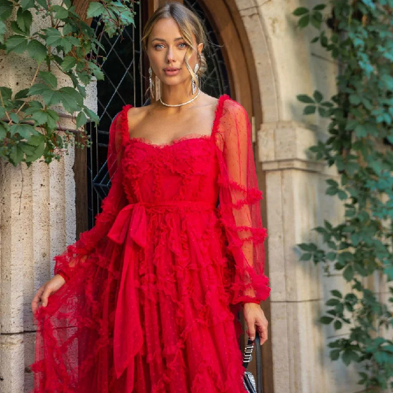 French Style Sweetheart Neck Bishop Sleeve A Line Ruffle Tiered Dotted Tulle Maxi Dress Elegant Maxi Dress with Belt French Style Sweetheart Neck Bishop Sleeve A Line Ruffle Tiered Dotted Tulle Maxi Dress Elegant Maxi Dress with Belt