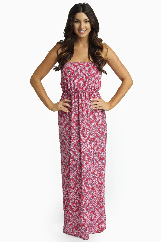 Fuchsia Paisley Diamond Strapless Maxi Dress Fashionable Maxi Dress with Fringe