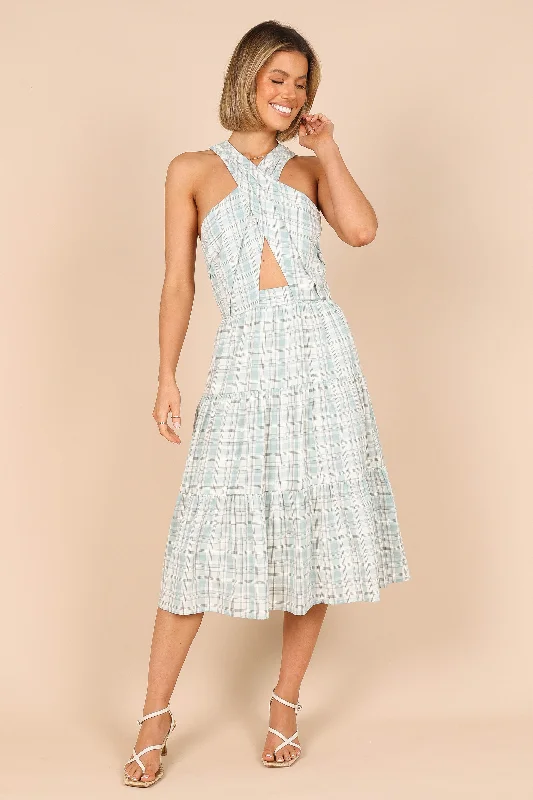 Georgian Halter Neck Midi Dress - Blue Check Stylish Silk Midi Dress