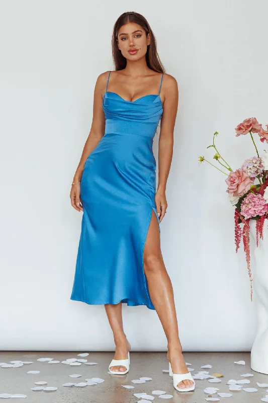 Giorgette Side Split Midi Dress Blue Fashionable Fitted Midi Dress