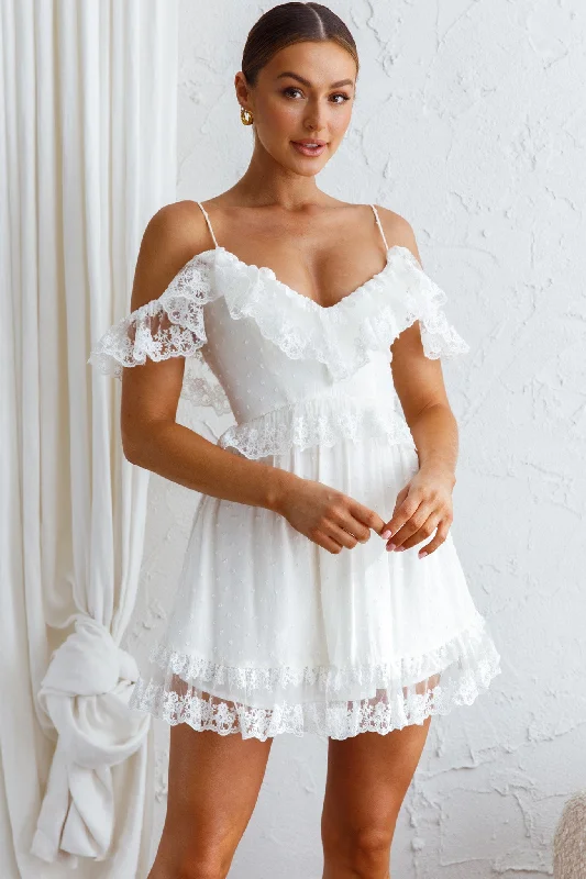 Good Morning Sunshine Off Shoulder Lace Frill Trim Mini Dress White Comfortable Wrap Mini Dress