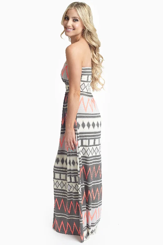 Grey Pink Chevron Tribal Printed Strapless Maxi Dress Chic Boho Print Maxi Dress
