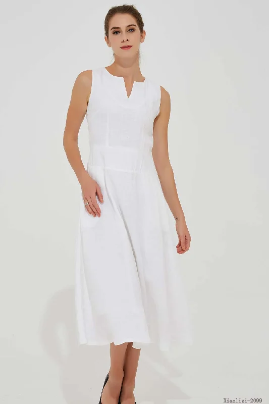 handmade women's casual linen midi dress in White 2099# Comfortable Lace-Up Midi Dress handmade women's casual linen midi dress in White 2099# Comfortable Lace-Up Midi Dress