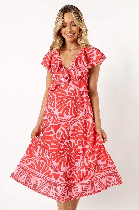Harris Frill Sleeve Midi Dress - Red Pink Stylish Off-Shoulder Ruffle Dress