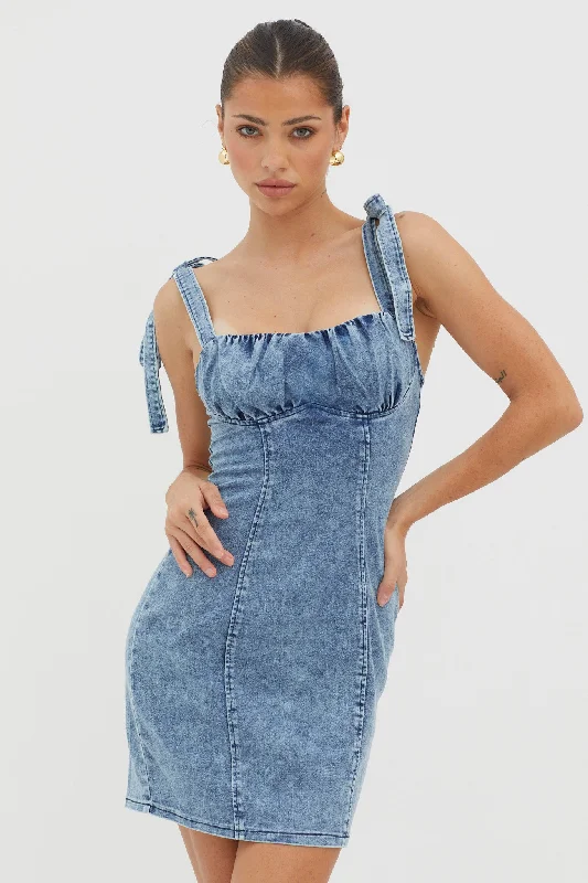Harrison Tied Shoulder Mini Dress Denim Blue Comfortable Ruffle Mini Dress