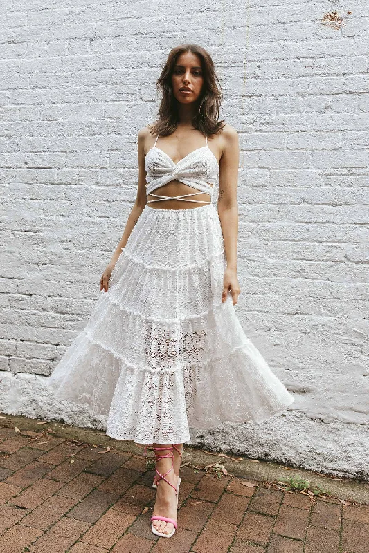In Luck Cut-Out Waist Midi Dress White Comfortable Ribbed Midi Dress