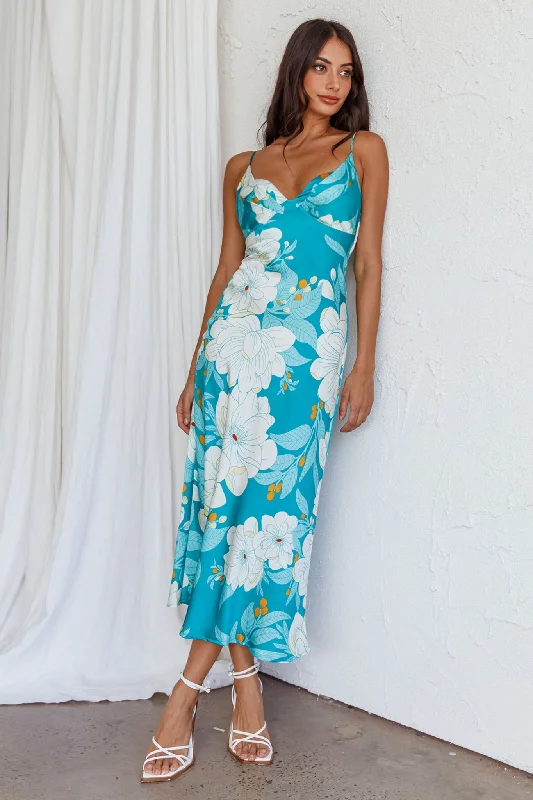 Infinity Pintuck Bust Midi Dress Flower Teal Comfortable Short Sleeve Midi Dress