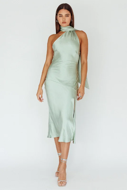 Italian Summer Tie Neck Midi Dress Sage Fashionable Fitted Midi Dress