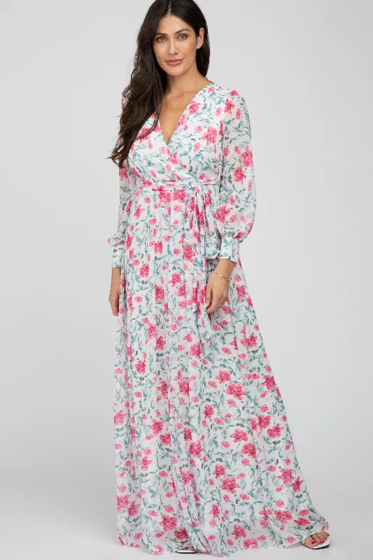 Ivory Floral Chiffon Long Sleeve Pleated Maxi Dress Chic Button-Up Maxi Dress