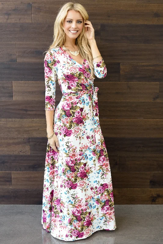 Ivory Floral Draped 3/4 Sleeve Maxi Dress Comfortable Bohemian Maxi Dress
