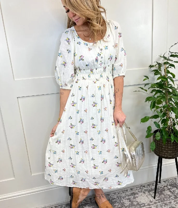 Ivory Linen Look Floral Midi Dress Stylish Midi Dress with Cuffs