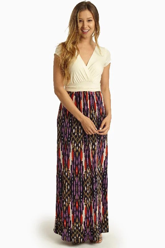 Ivory Printed Bottom Draped Maxi Dress Elegant Maxi Dress with Slit