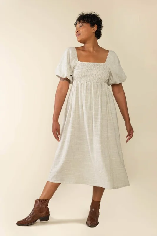 Ivory Striped Linen Smocked Short Puff Sleeve Plus Midi Dress Fashionable Pleated Midi Dress Ivory Striped Linen Smocked Short Puff Sleeve Plus Midi Dress Fashionable Pleated Midi Dress