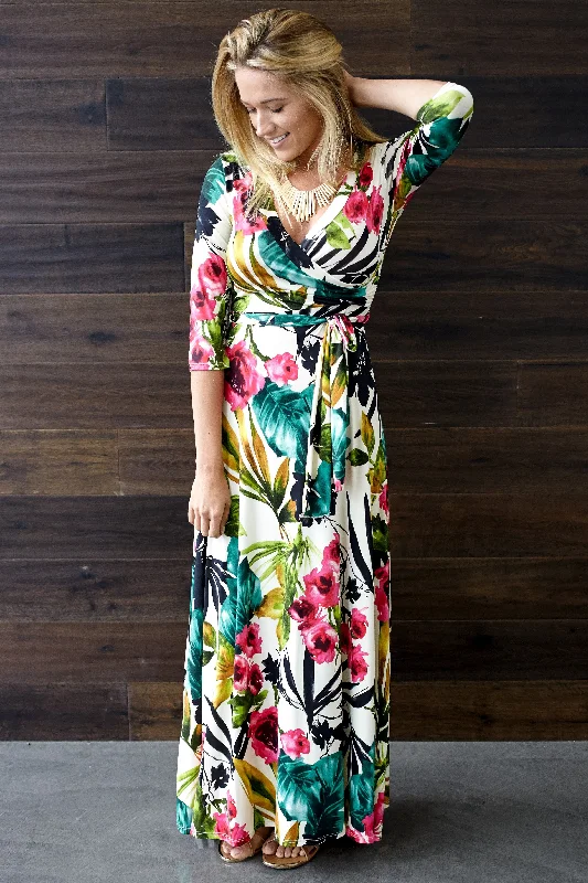 Ivory Tropic Floral 3/4 Sleeve Maxi Dress Cozy Ribbed Maxi Dress
