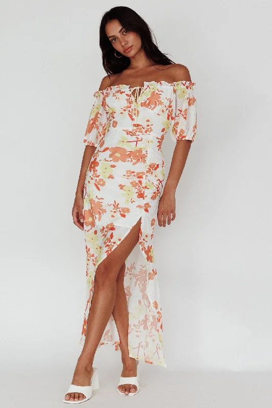 Jalynn Off-Shoulder Split Midi Dress Floral Orange Trendy Flared Sleeve Midi Dress